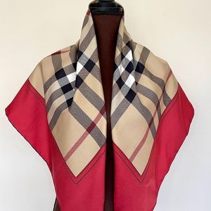 New Burberry Scarf House Check Beige Red Border Logo Silk Wrap